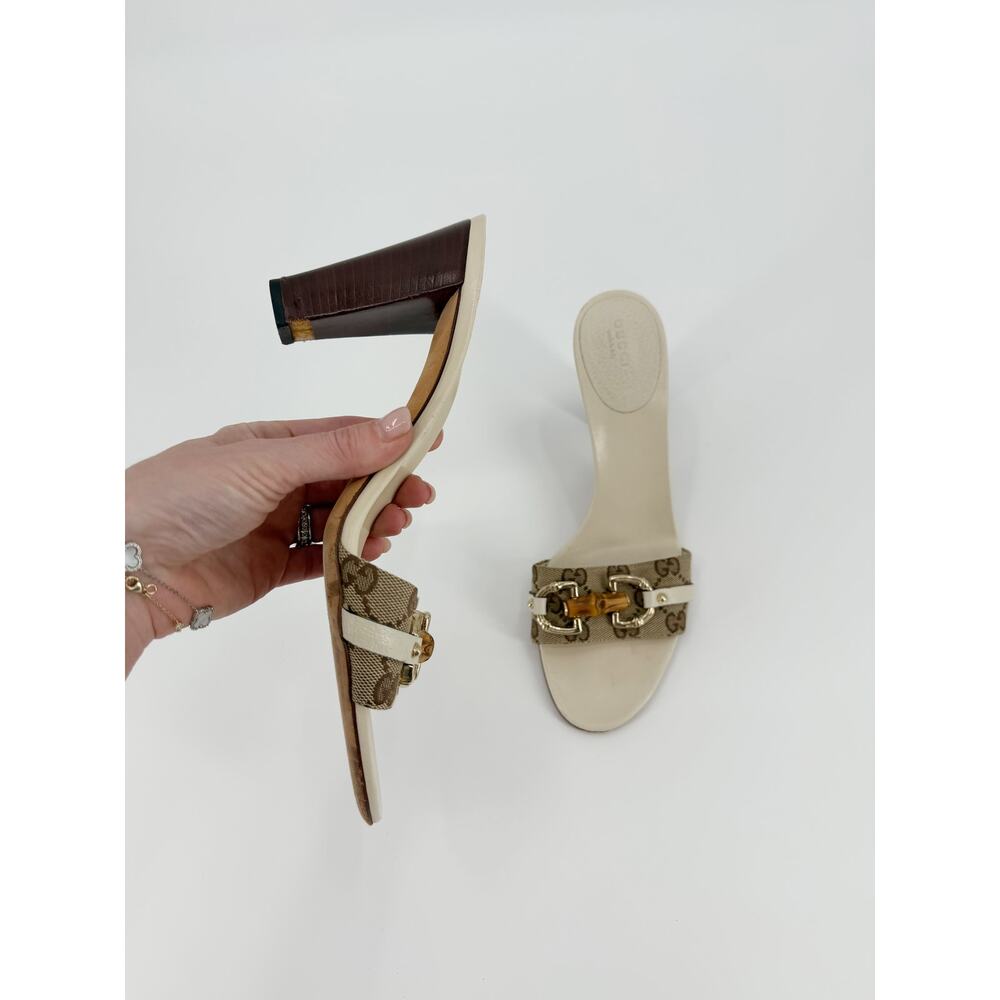 Gucci Tom Ford Monogram Horsebit Bamboo Heel Sandals Mule Slides White 39.5 9.5 - Picture 6 of 14